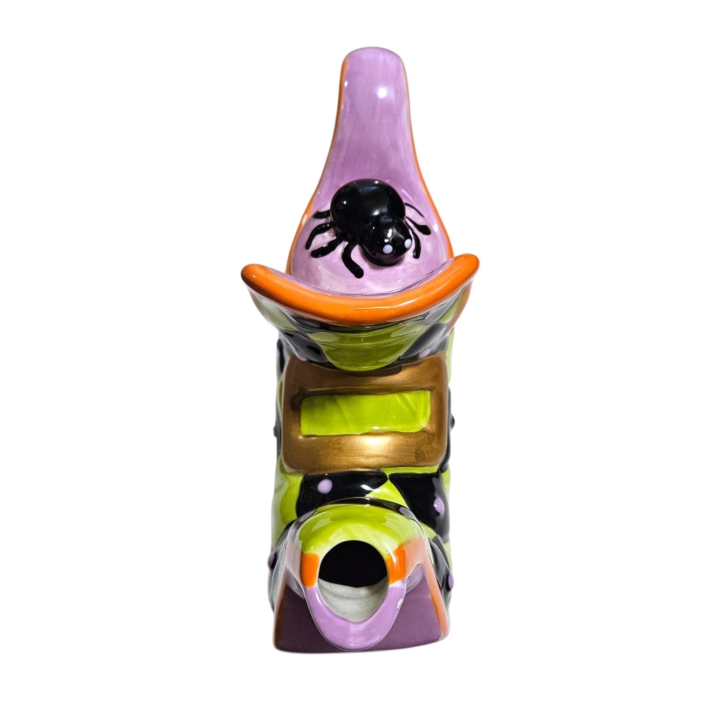 Ceramic Halloween Witch's Boot Teapot Spider Lid Harlequin Check Whimsical Decor - Picture 6 of 16